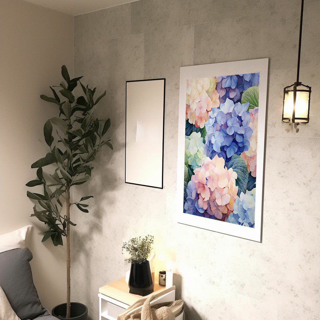 紫陽花のアートポスター廊下配置イメージ