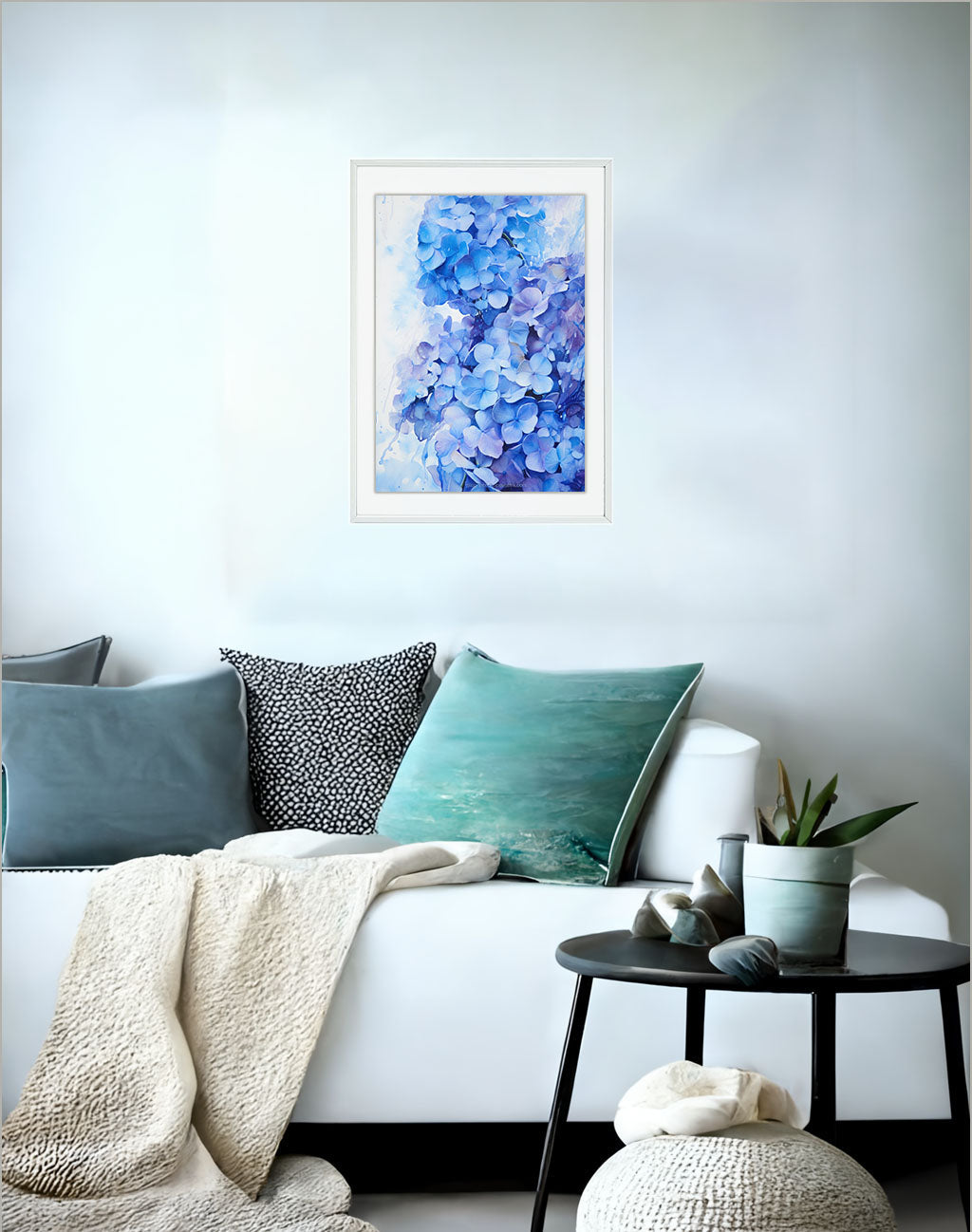 紫陽花のアートポスターソファ配置イメージ