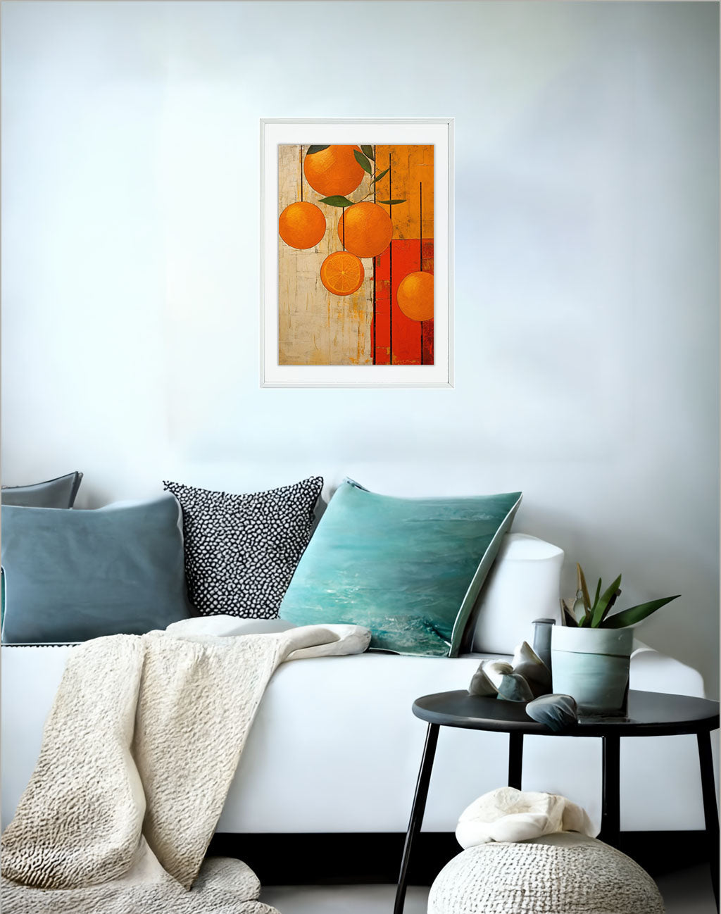オレンジのアートポスターソファ配置イメージ