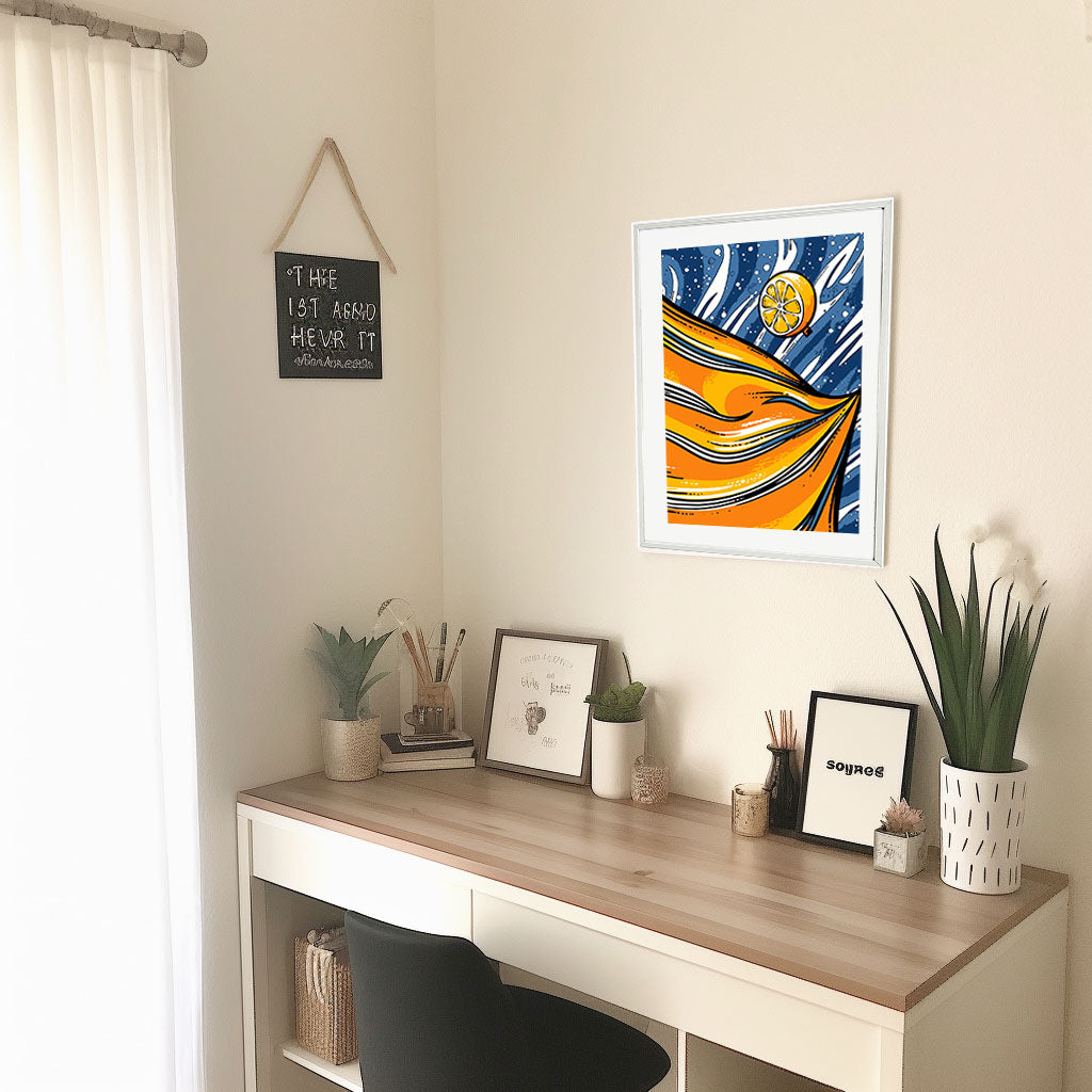 オレンジのアートポスター机配置イメージ