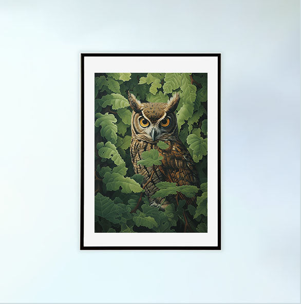 ふくろうのアートポスター黒フレームあり