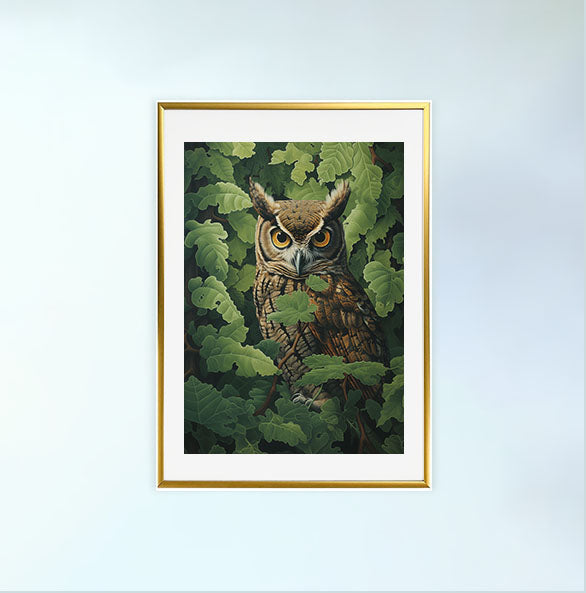 ふくろうのアートポスター金フレームあり