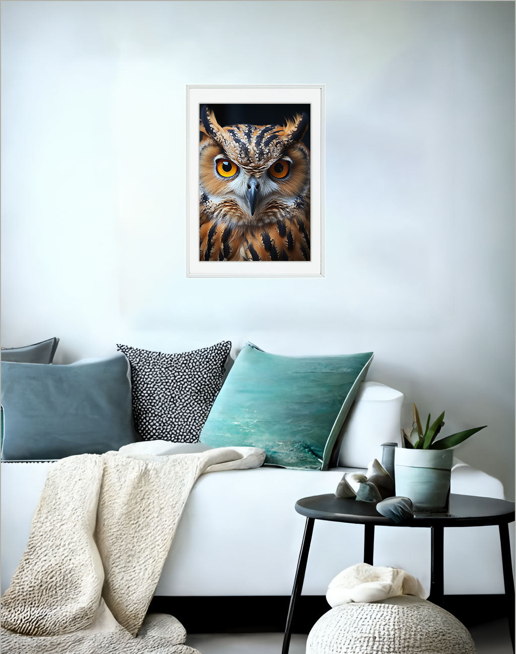 ふくろうのアートポスターソファ配置イメージ