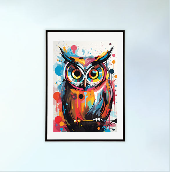 ふくろうのアートポスター黒フレームあり