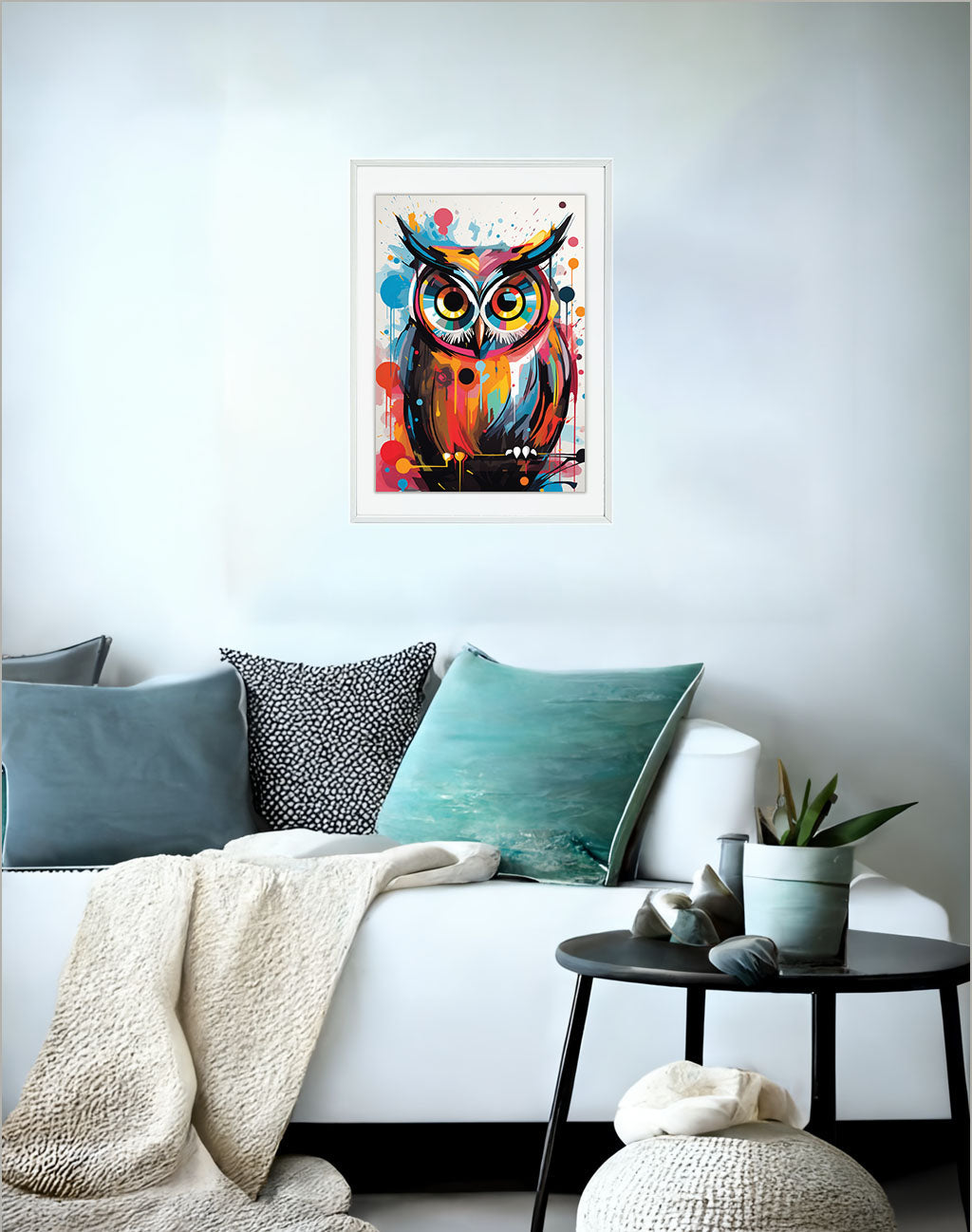 ふくろうのアートポスターソファ配置イメージ