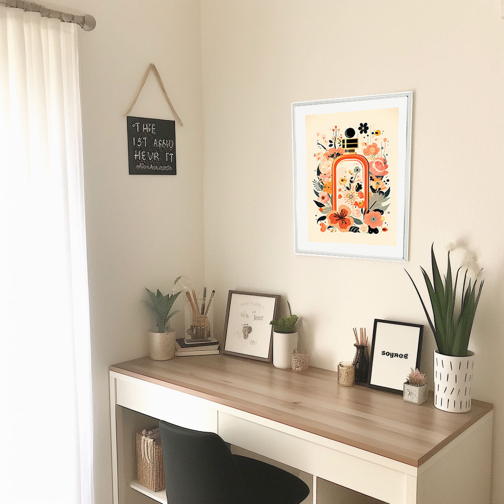 香水のアートポスター:perfume_f025 / 北欧_ポップ_日用品・ライフスタイル__のポスター画像机に設置したイメージ