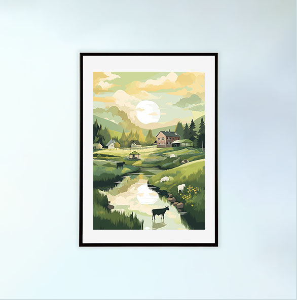 田園風景のアートポスター黒フレームあり