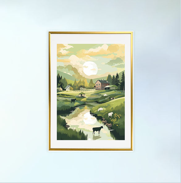 田園風景のアートポスター金フレームあり