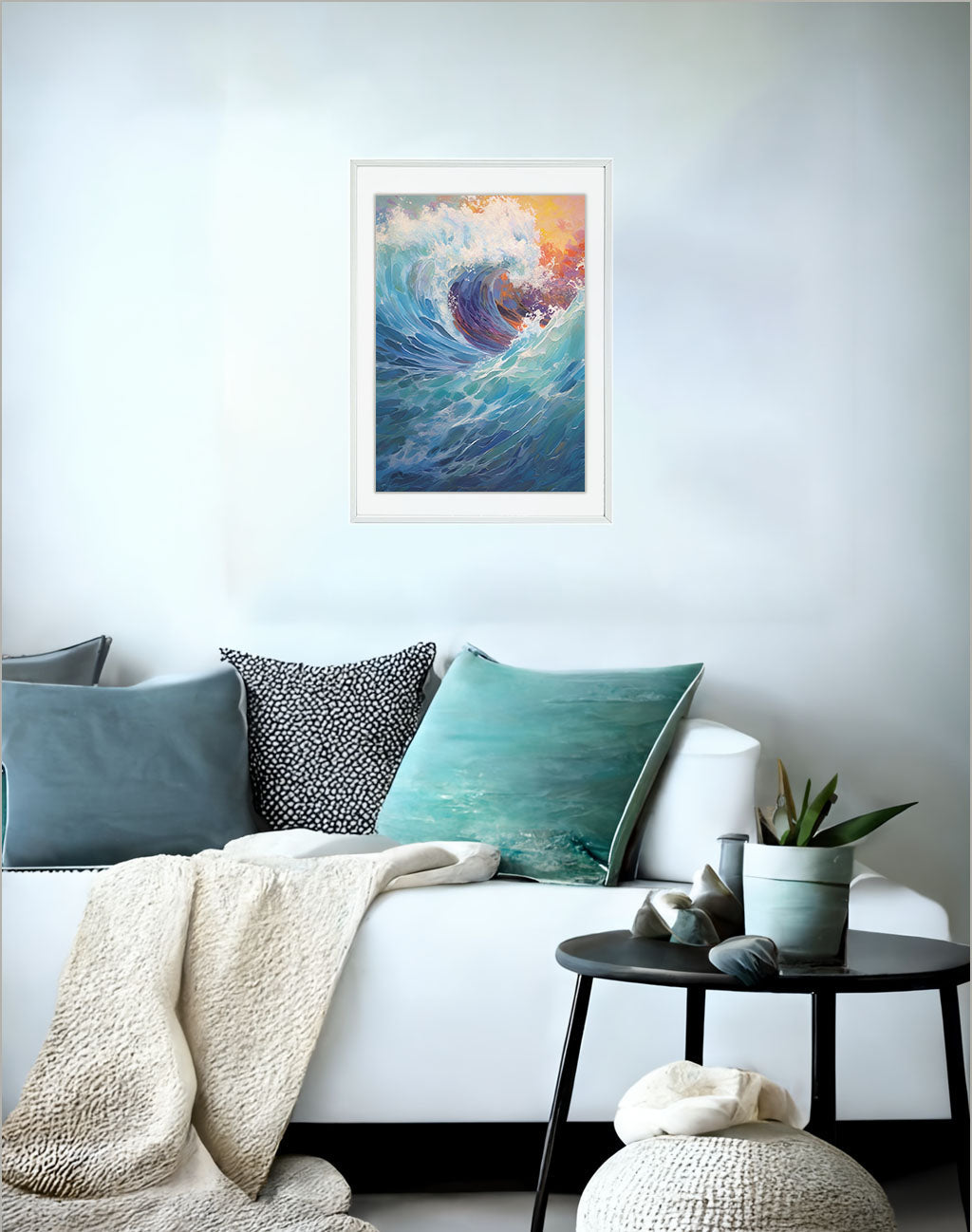 海のアートポスターソファ配置イメージ