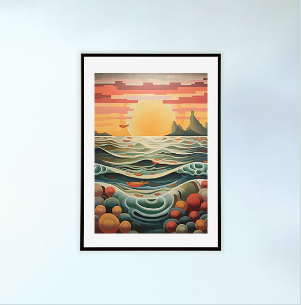 海のアートポスター黒フレームあり