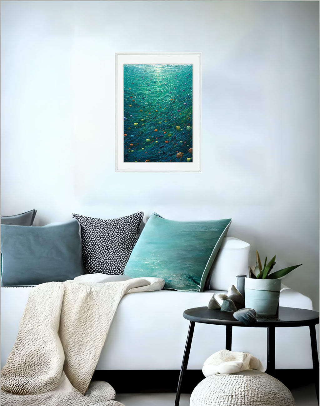 海のアートポスターソファ配置イメージ