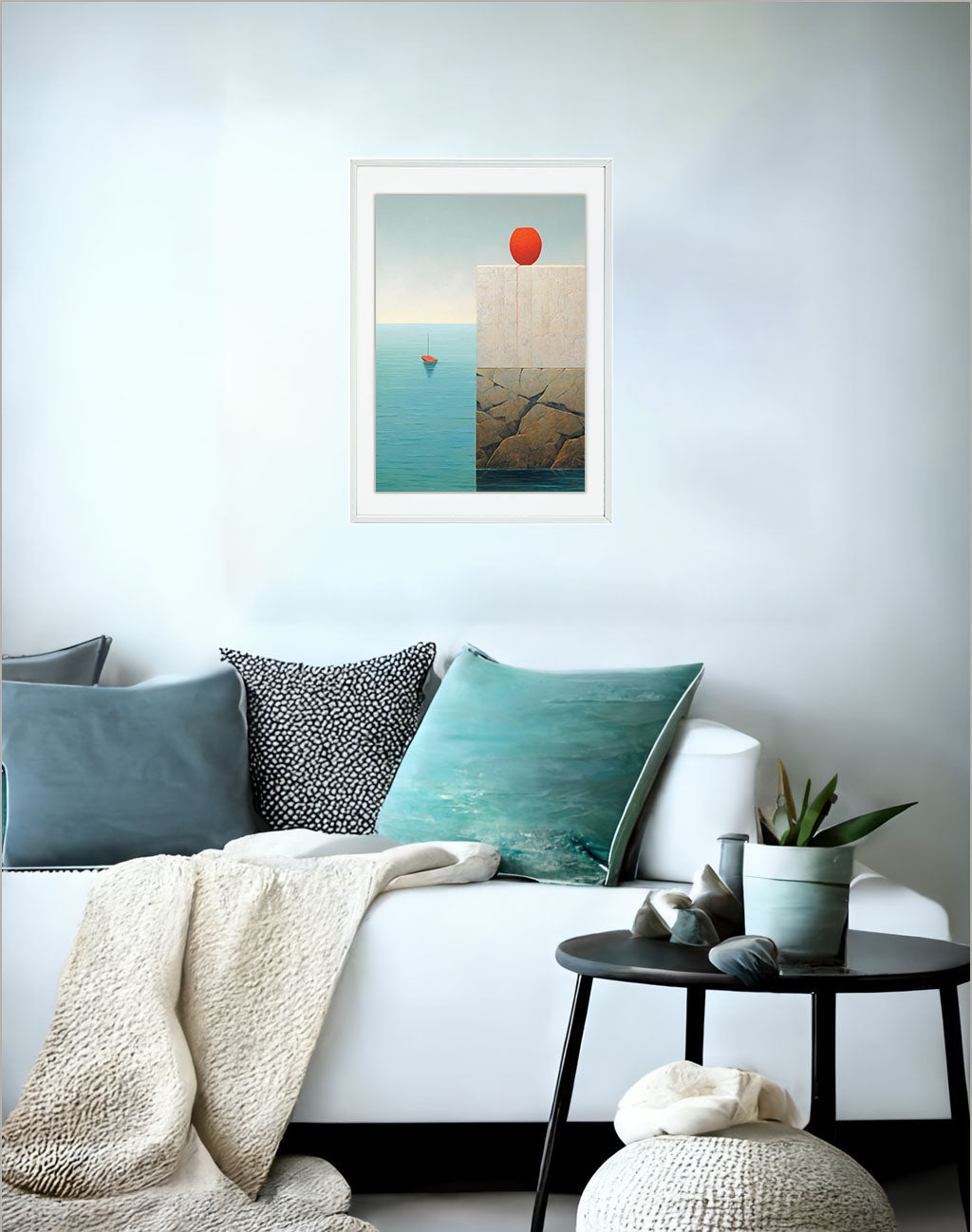 海のアートポスターソファ配置イメージ
