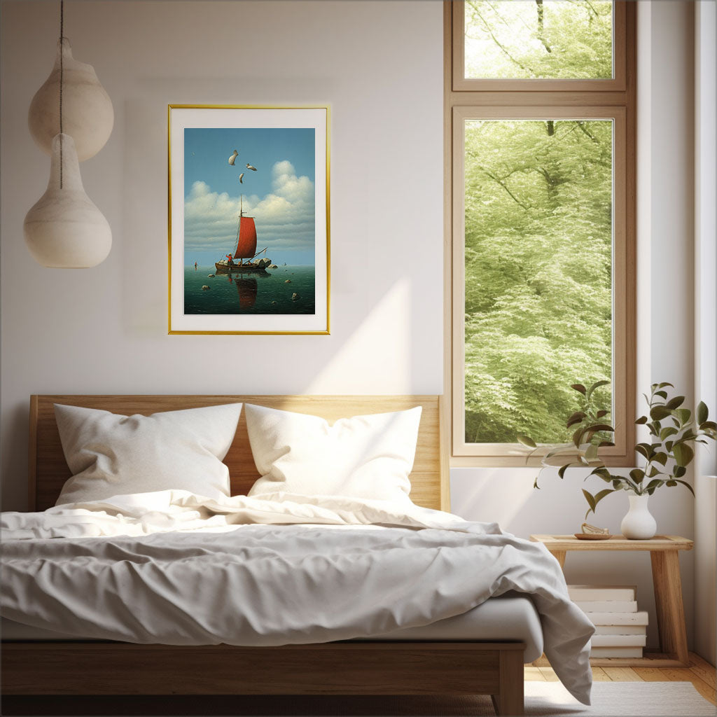 海のアートポスター寝室配置イメージ