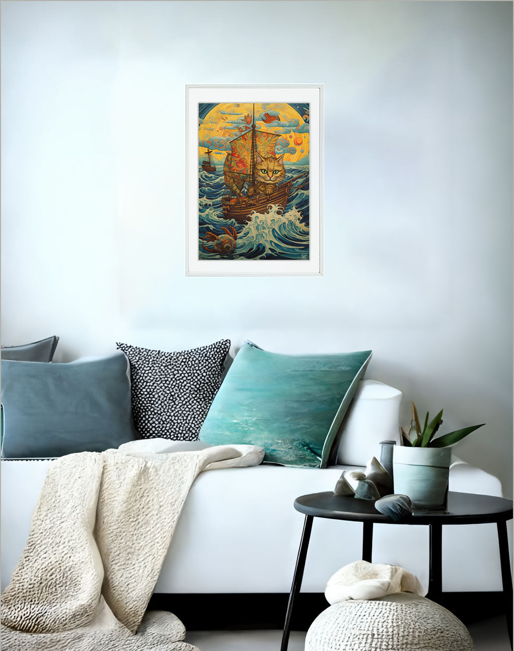 海のアートポスターソファ配置イメージ