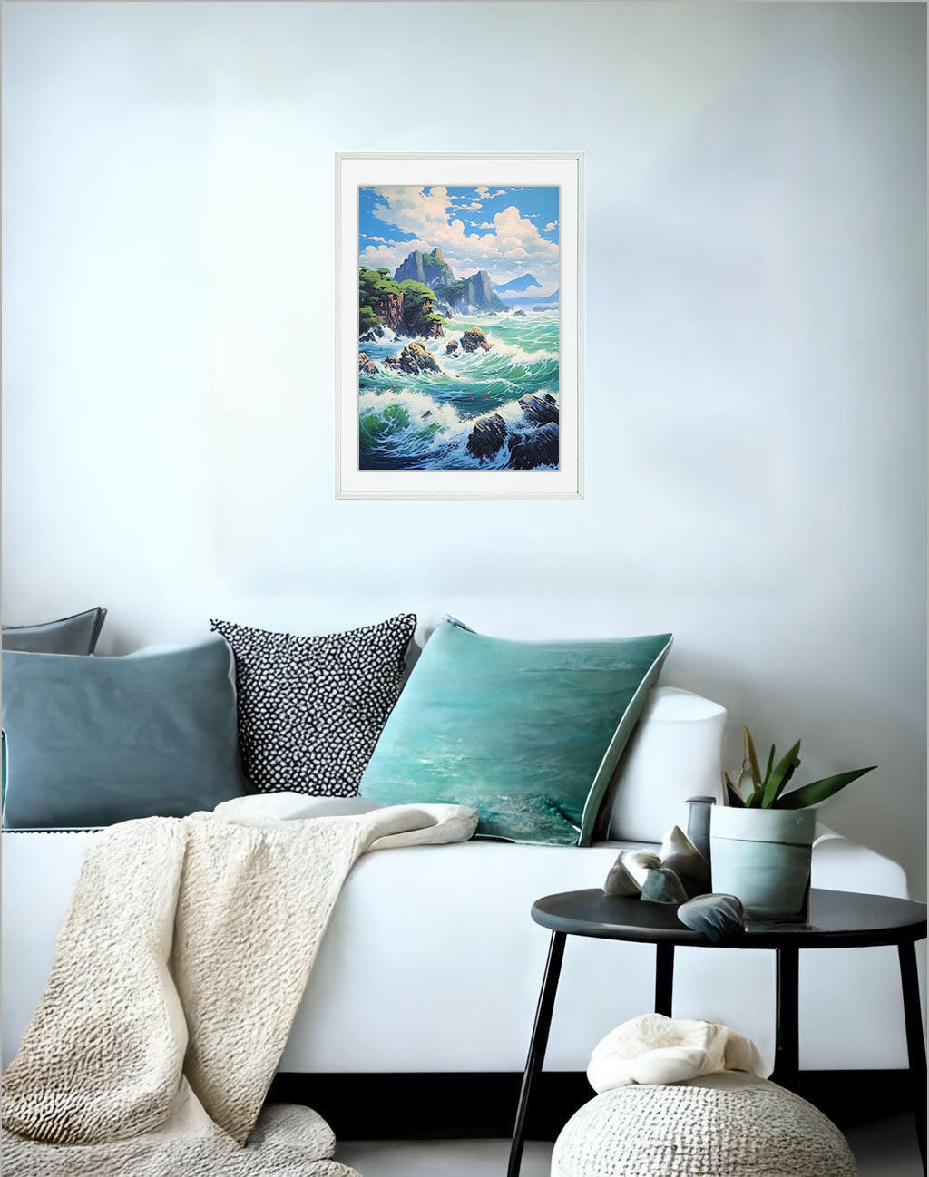 海のアートポスターソファ配置イメージ