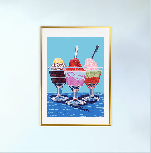 かき氷のアートポスター金フレームあり