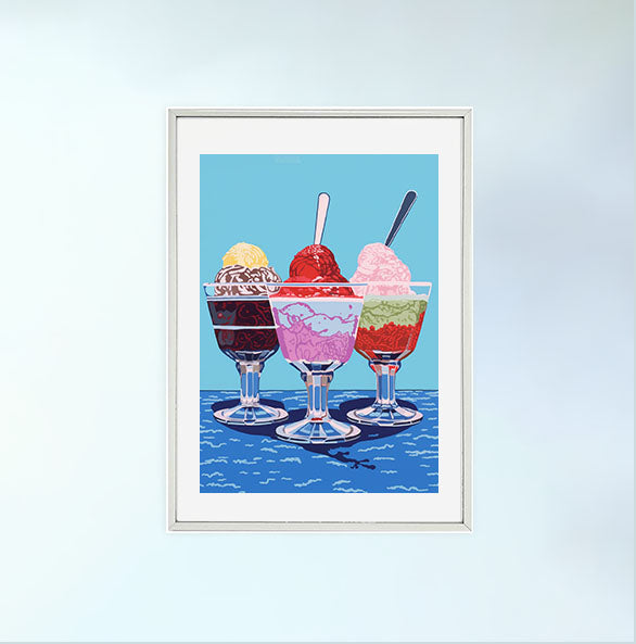 かき氷のアートポスター銀フレームあり