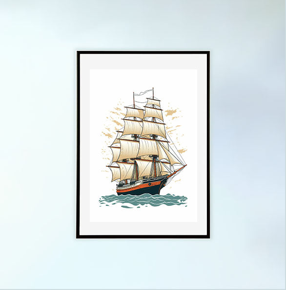船のアートポスター黒フレームあり