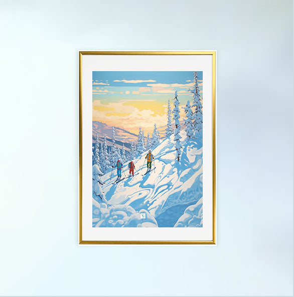 スキーのアートポスター金フレームあり