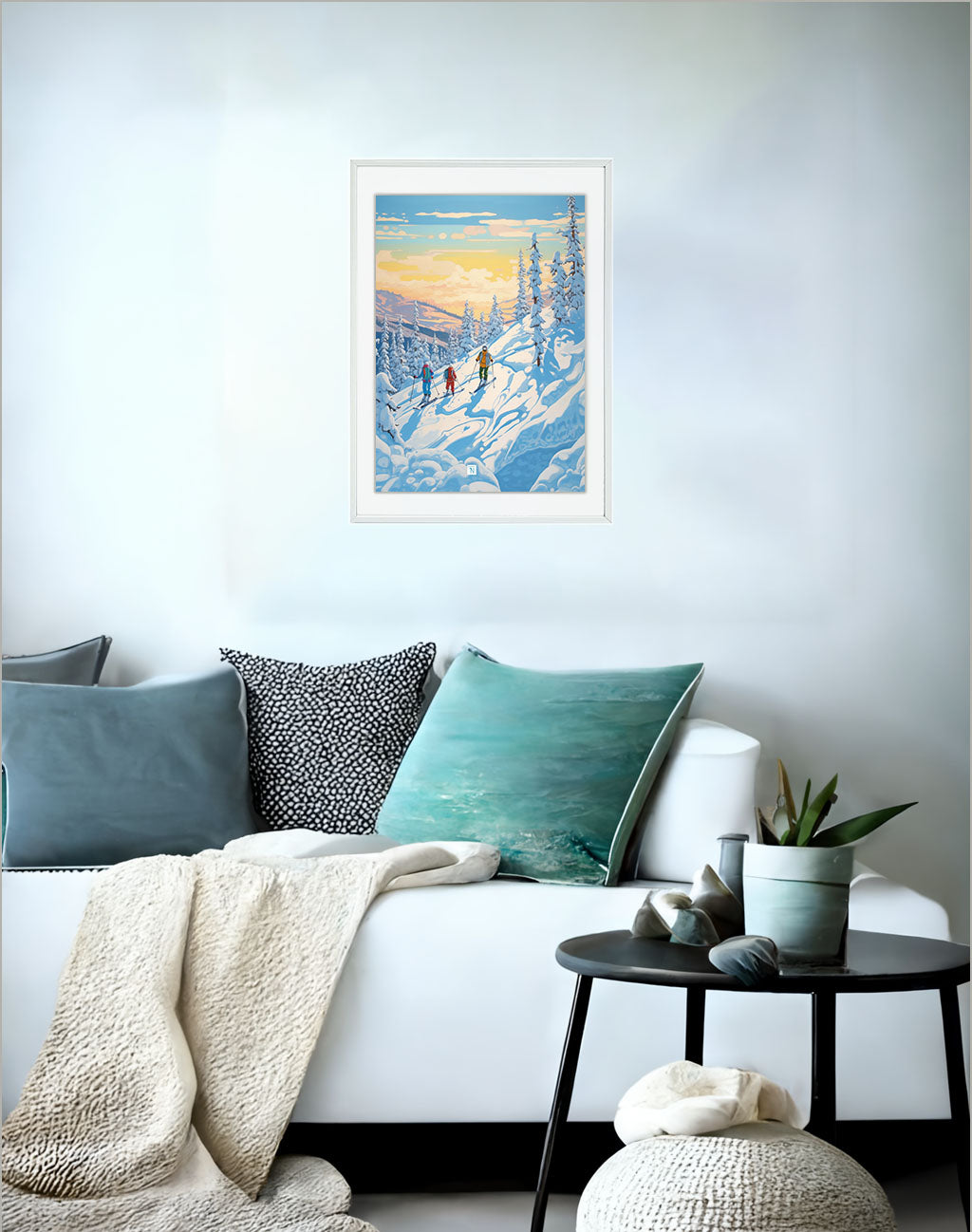 スキーのアートポスターソファ配置イメージ