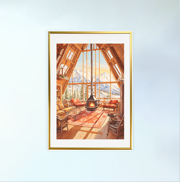 スキーのアートポスター金フレームあり