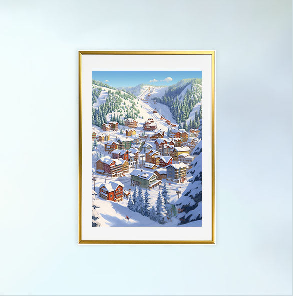 スキーのアートポスター金フレームあり