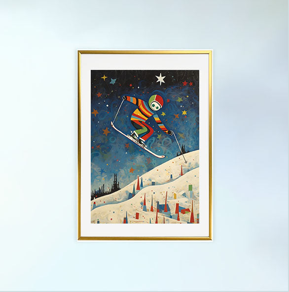 スキーのアートポスター金フレームあり