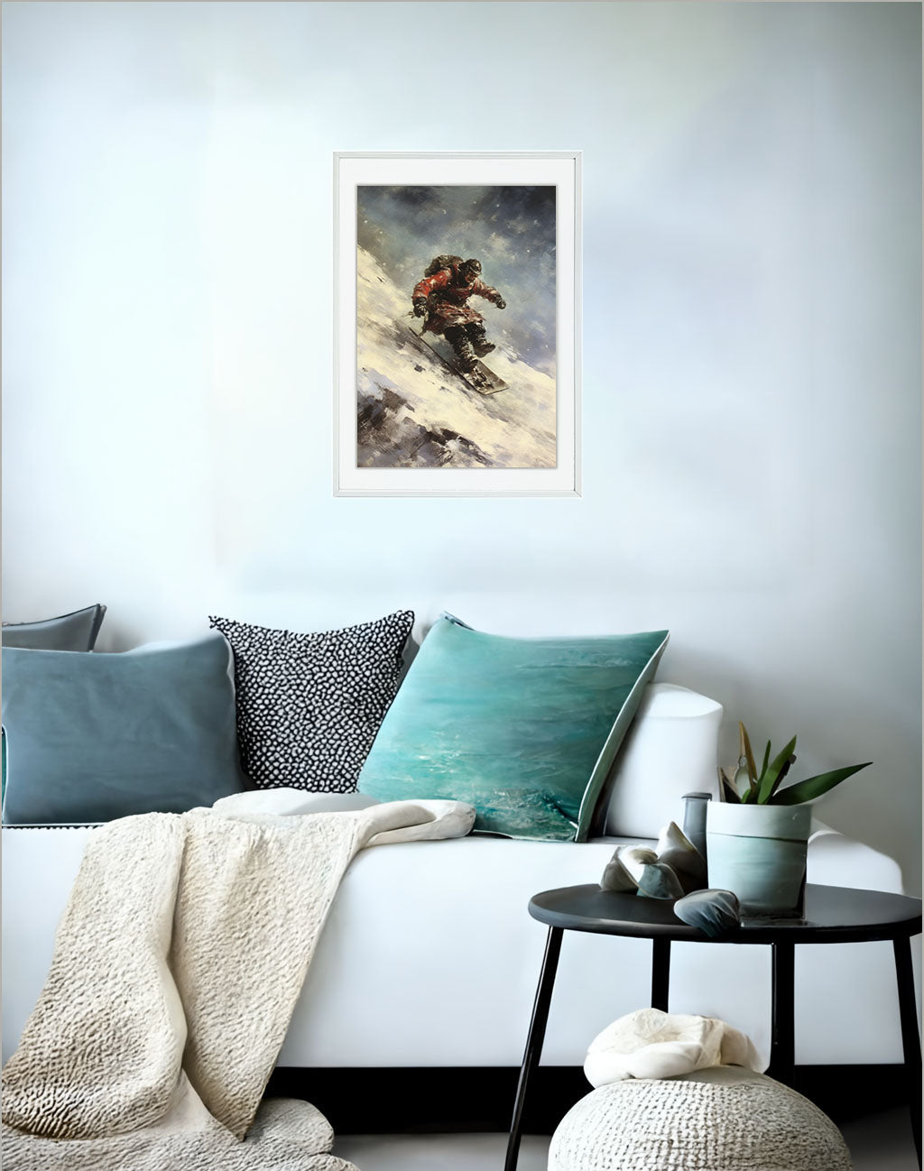 スノーボードのアートポスターソファ配置イメージ
