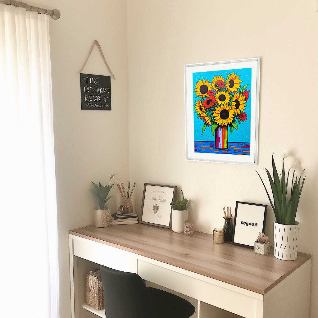 ひまわりのアートポスター机配置イメージ