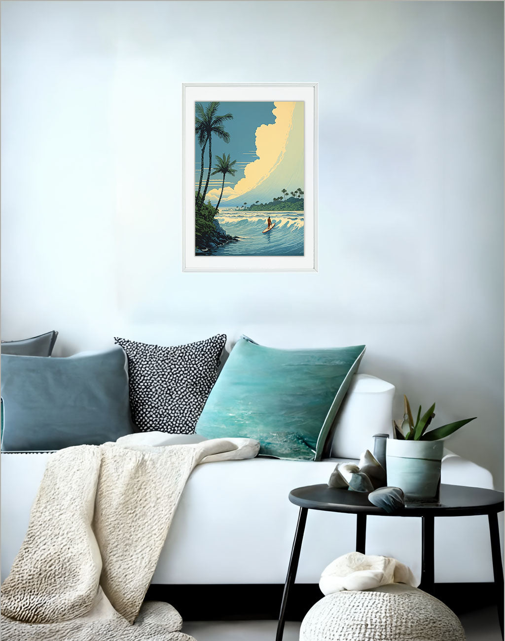 サーフィンのアートポスターソファ配置イメージ