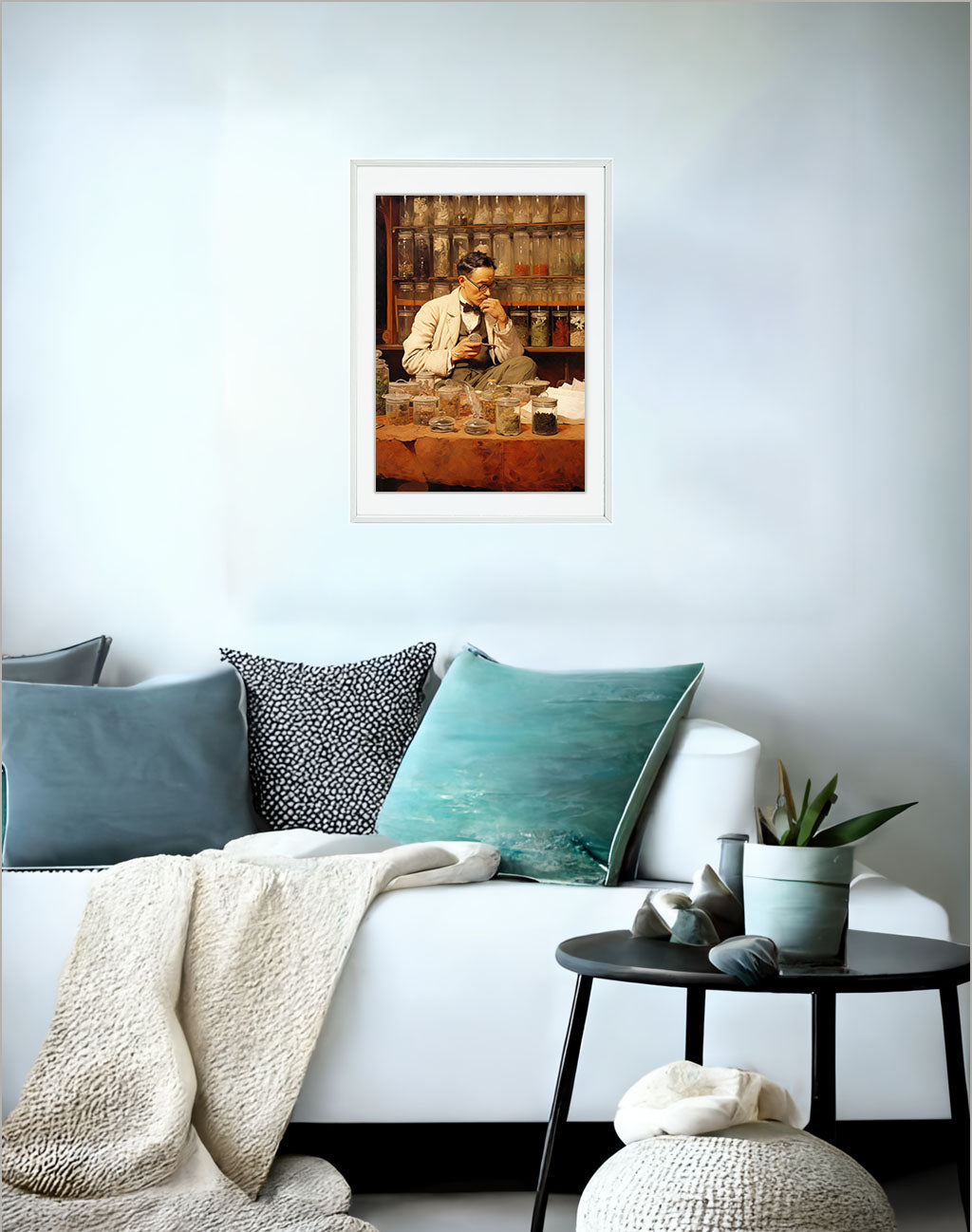 お茶のアートポスターソファ配置イメージ