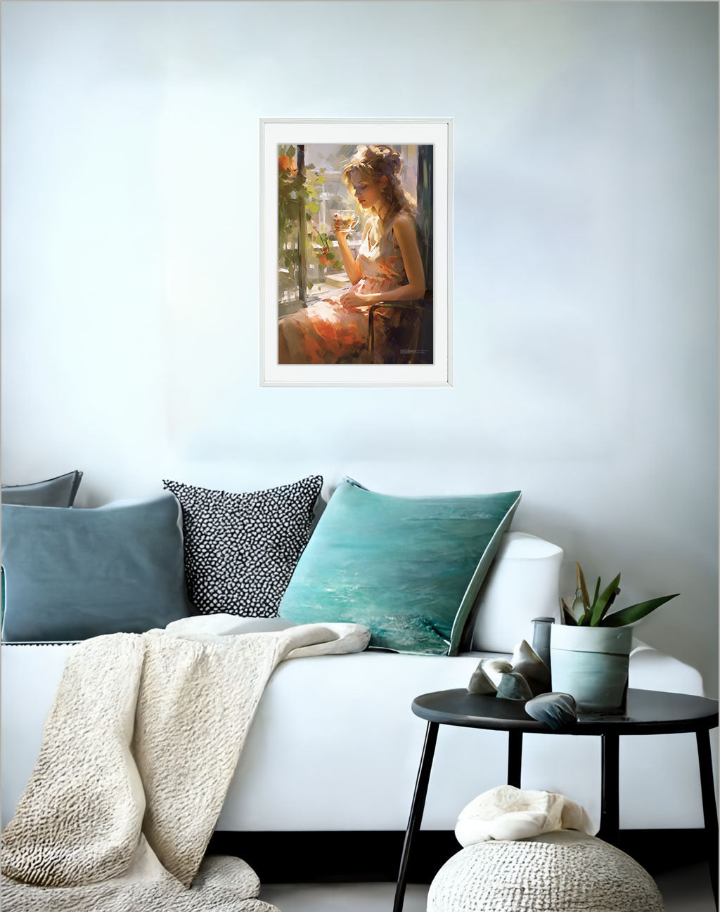 お茶のアートポスターソファ配置イメージ