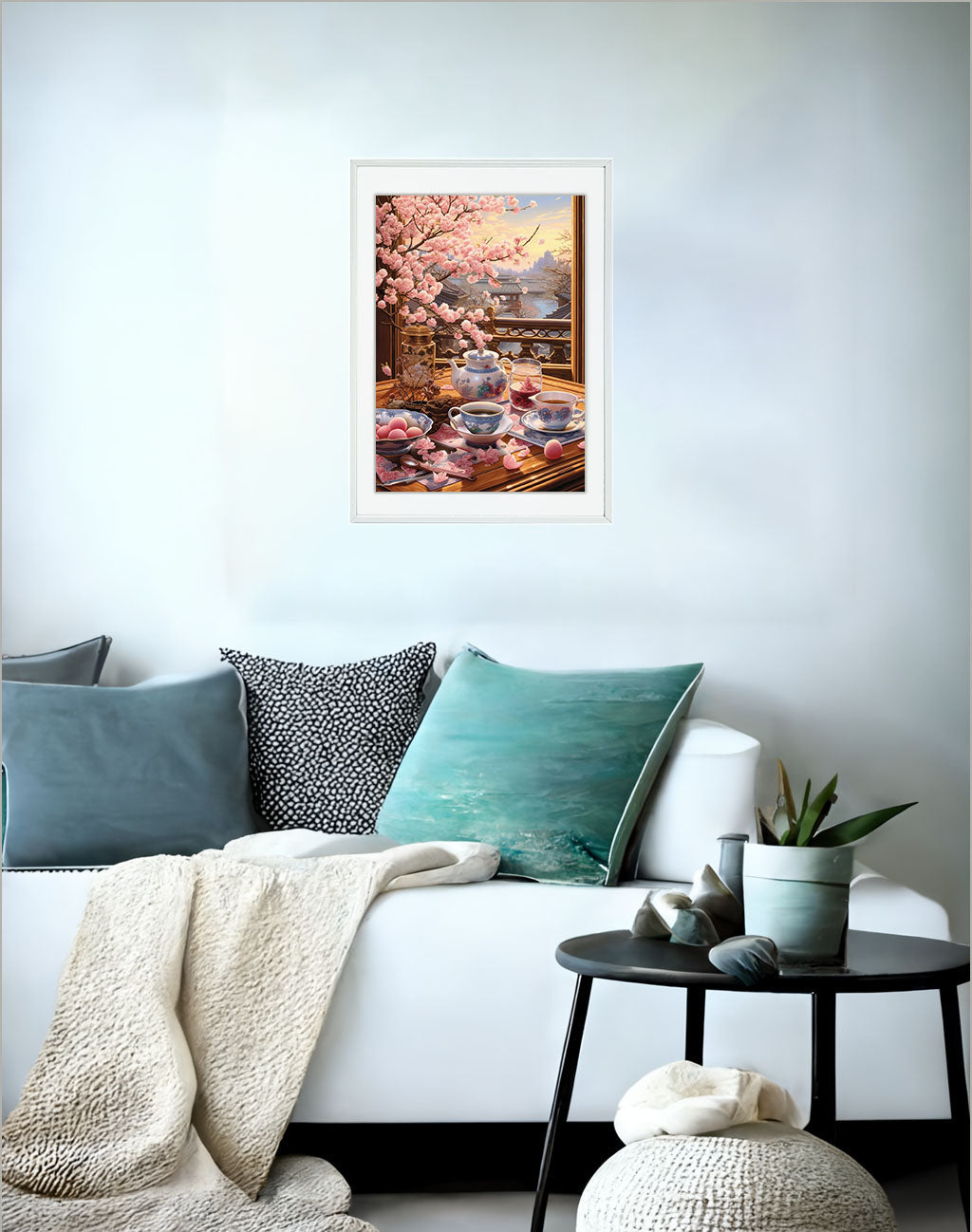 お茶のアートポスターソファ配置イメージ