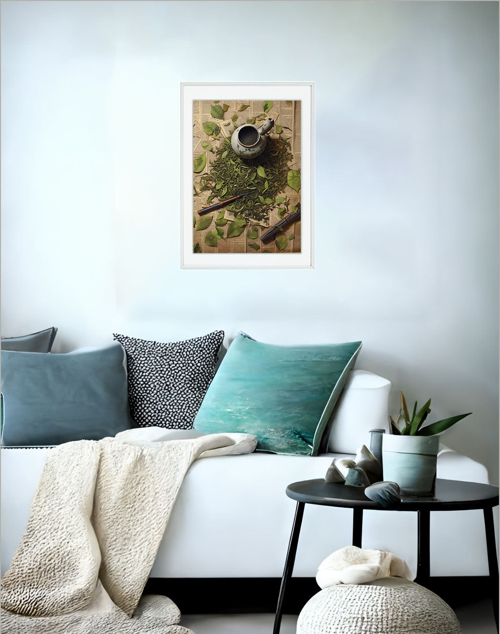 お茶のアートポスターソファ配置イメージ