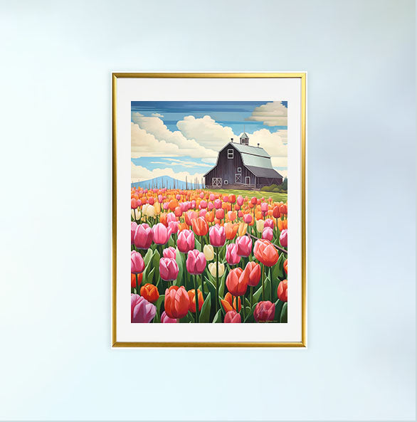 チューリップ畑のアートポスター金フレームあり