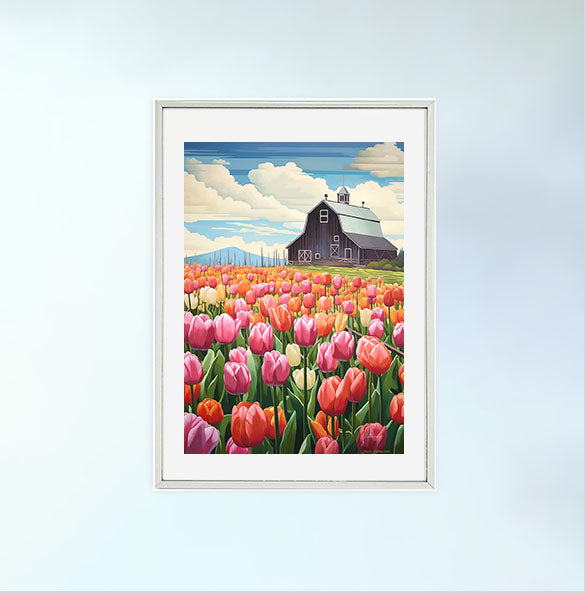 チューリップ畑のアートポスター銀フレームあり