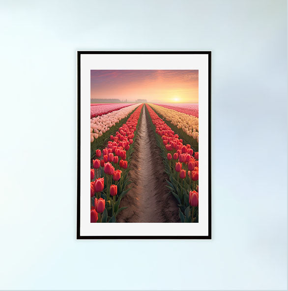 チューリップ畑のアートポスター黒フレームあり