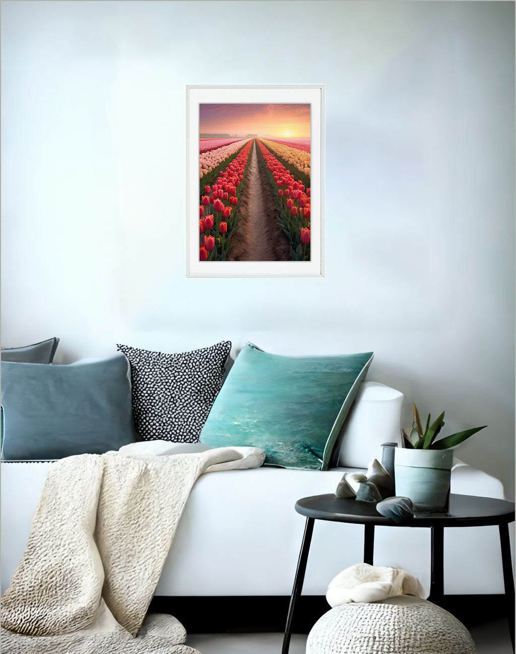 チューリップ畑のアートポスターソファ配置イメージ