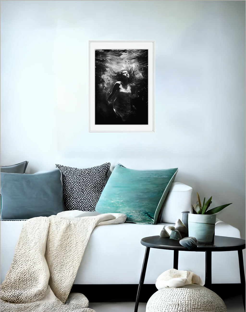 水中写真のアートポスターソファ配置イメージ