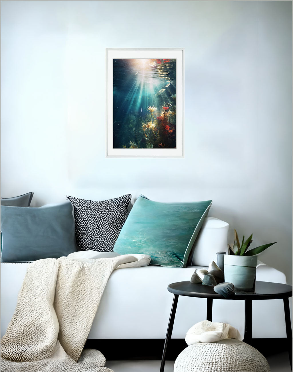 水中写真のアートポスターソファ配置イメージ