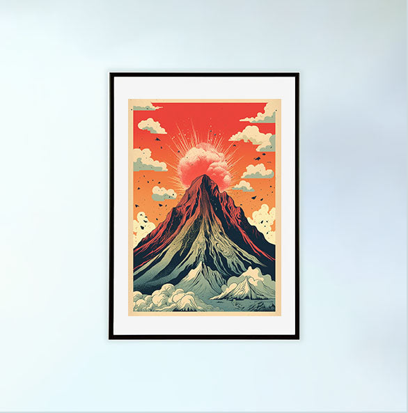 火山のアートポスター黒フレームあり