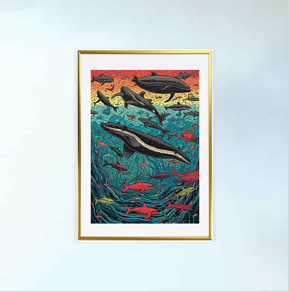クジラのアートポスター金フレームあり