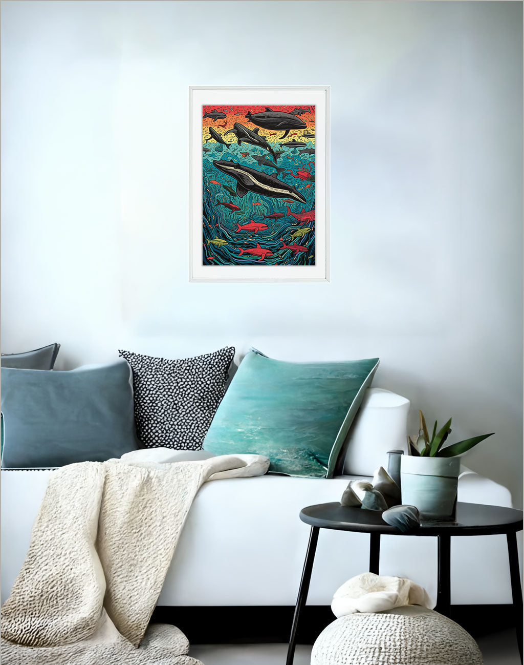 クジラのアートポスターソファ配置イメージ