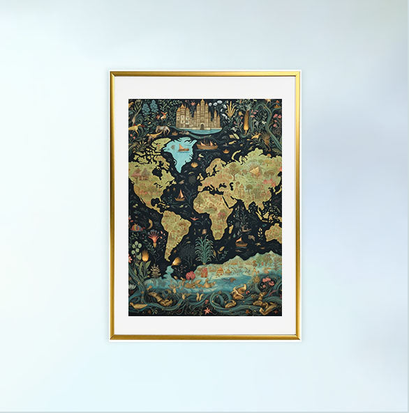 世界地図のアートポスター金フレームあり