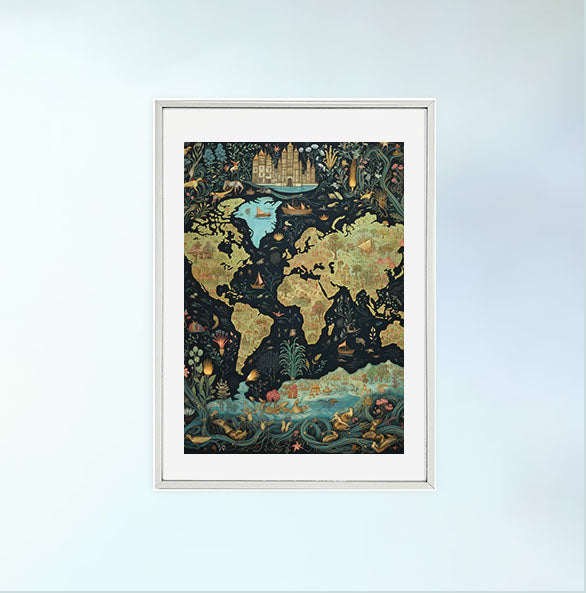 世界地図のアートポスター銀フレームあり