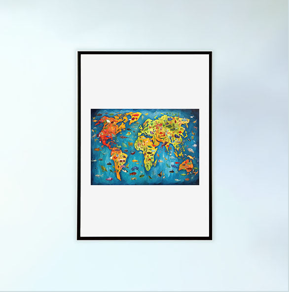 世界地図のアートポスター黒フレームあり