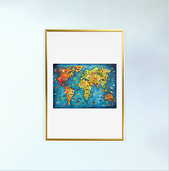 世界地図のアートポスター金フレームあり