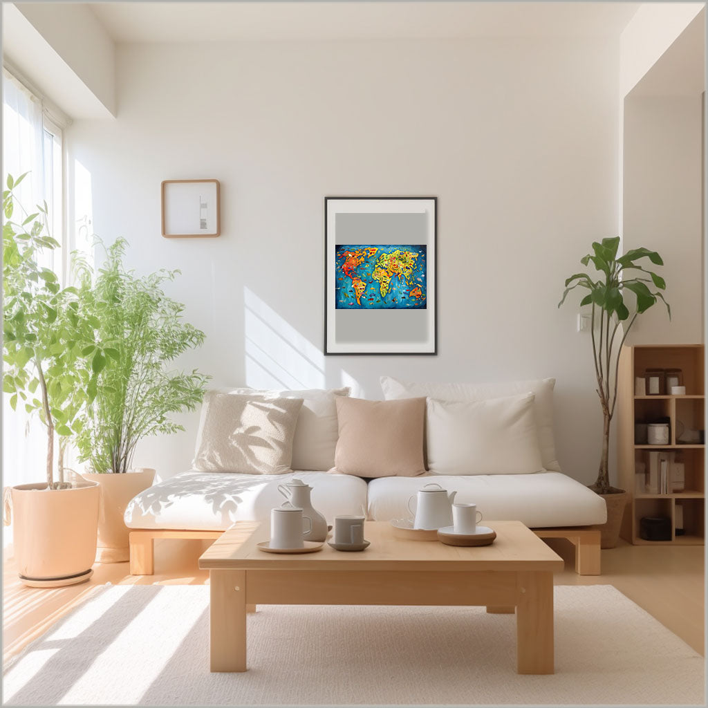 世界地図のアートポスターリビング配置イメージ