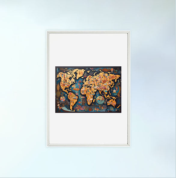 世界地図のアートポスター白フレームあり