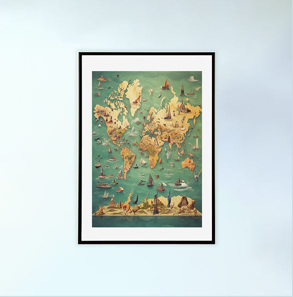 世界地図のアートポスター黒フレームあり